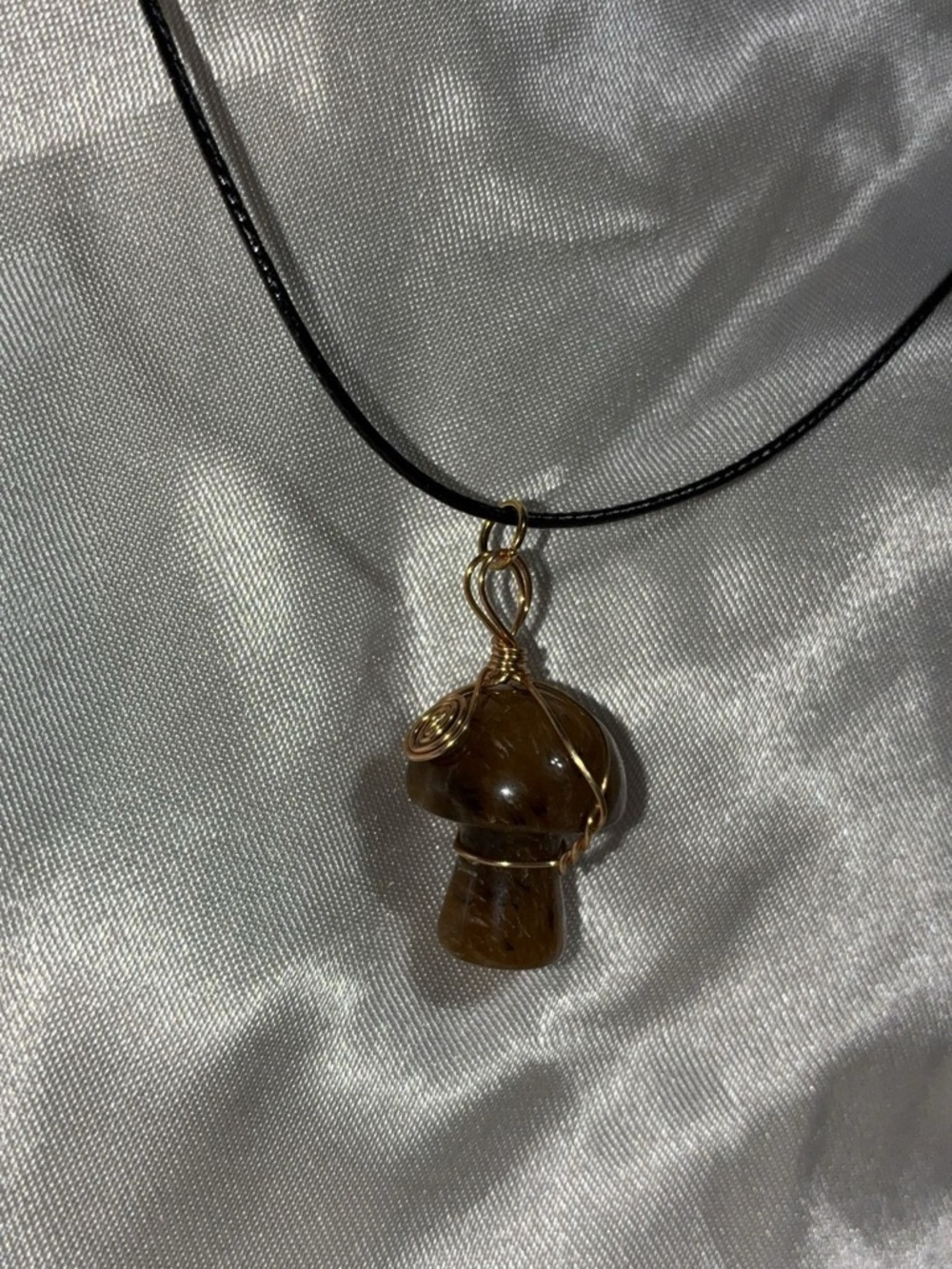 Hand Crafted Gold-Wrapped Brown Mushroom Pendant Necklace